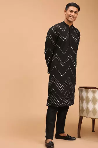 black georgette mirror work kurta with fine satin pyjama set | festive wedding wear
