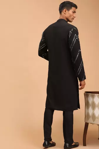 black georgette mirror work kurta with fine satin pyjama set | festive wedding wear