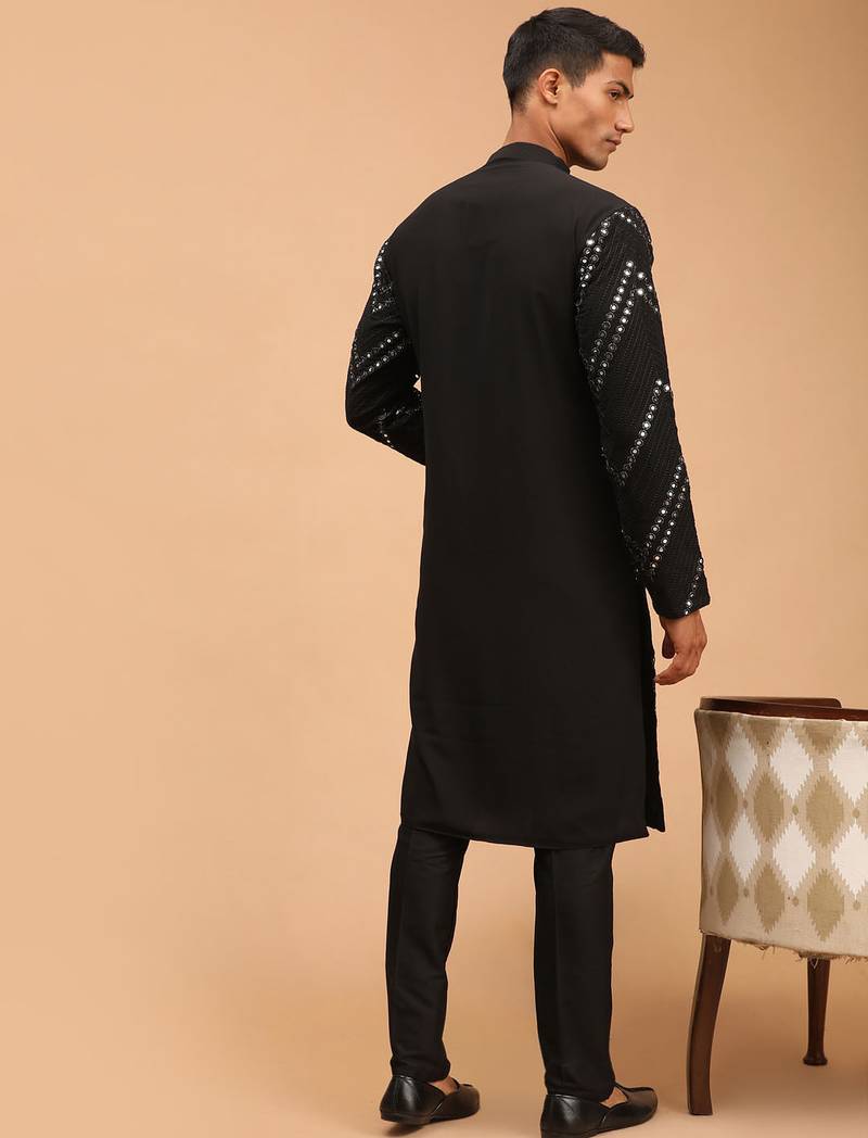 black georgette mirror work kurta with fine satin pyjama set | festive wedding wear