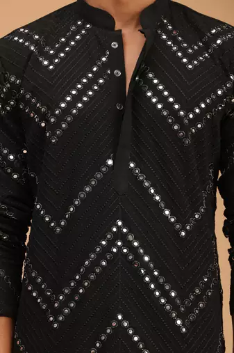 black georgette mirror work kurta with fine satin pyjama set | festive wedding wear