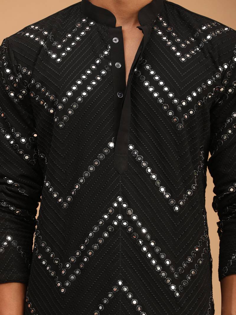 black georgette mirror work kurta with fine satin pyjama set | festive wedding wear