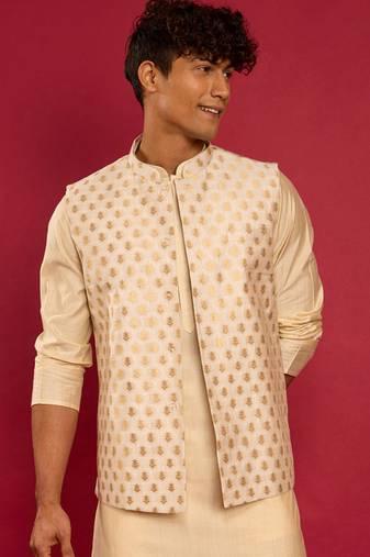 cream silk blend nehru jacket | kota fabric with jaari buti zari weave design