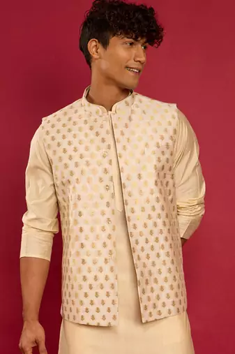 cream silk blend nehru jacket | kota fabric with jaari buti zari weave design