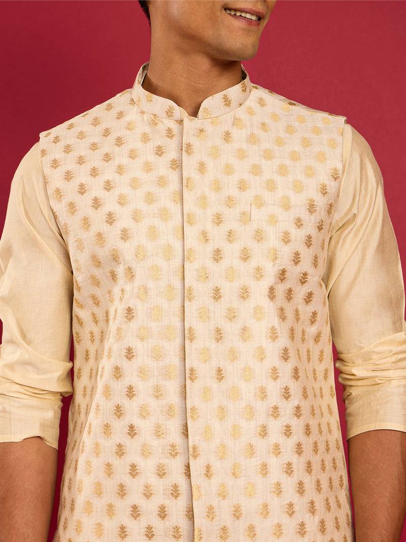 cream silk blend nehru jacket | kota fabric with jaari buti zari weave design