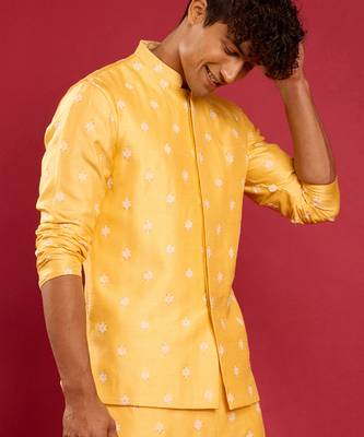 yellow silk blend nehru jacket | pure japan raw silk with all-over thread embroidery 1