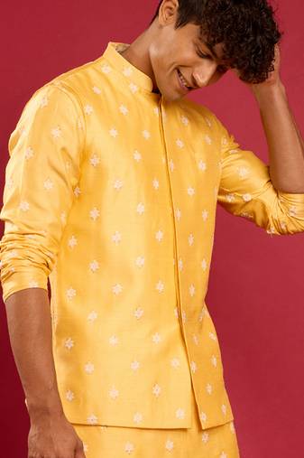 yellow silk blend nehru jacket | pure japan raw silk with all-over thread embroidery