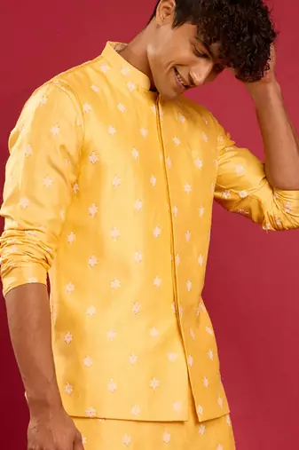 yellow silk blend nehru jacket | pure japan raw silk with all-over thread embroidery