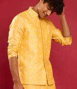 yellow silk blend nehru jacket | pure japan raw silk with all-over thread embroidery
