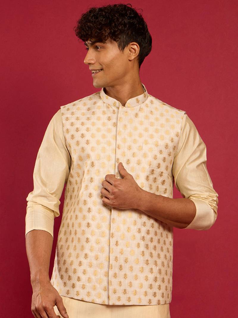 cream silk blend nehru jacket | kota fabric with jaari buti zari weave design