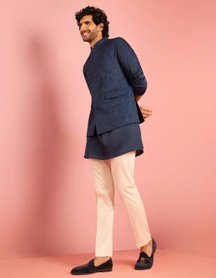 cream silk blend floral embroidered nehru jacket with kurta pyjama set | wedding festive wear 1