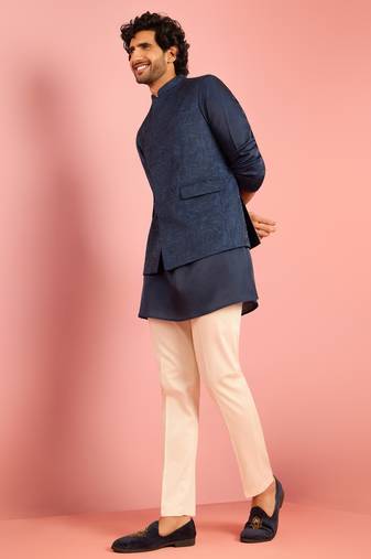 cream silk blend floral embroidered nehru jacket with kurta pyjama set | wedding festive wear