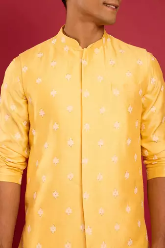 yellow silk blend nehru jacket | pure japan raw silk with all-over thread embroidery