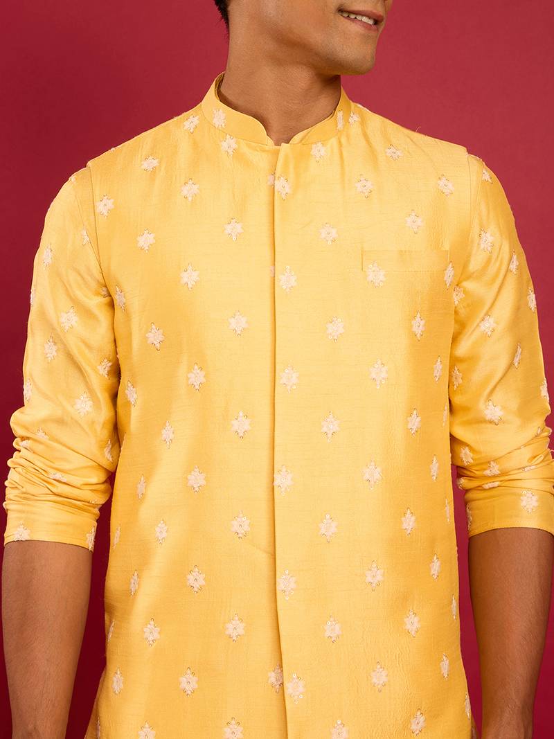 yellow silk blend nehru jacket | pure japan raw silk with all-over thread embroidery