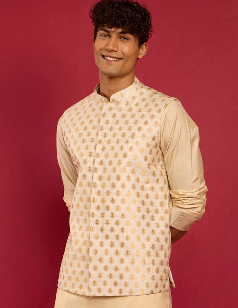 cream silk blend nehru jacket | kota fabric with jaari buti zari weave design