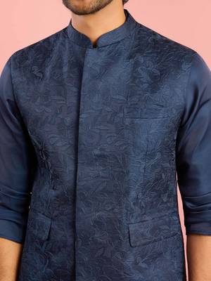 cream silk blend floral embroidered nehru jacket with kurta pyjama set | wedding festive wear 2