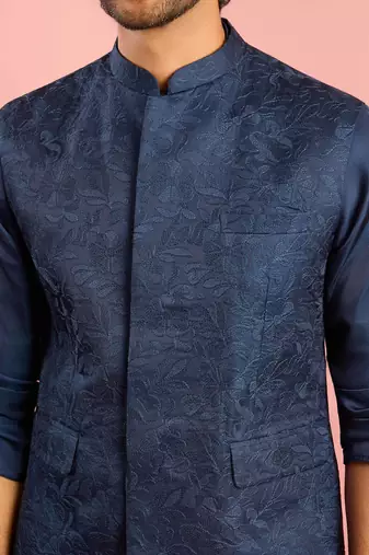 cream silk blend floral embroidered nehru jacket with kurta pyjama set | wedding festive wear