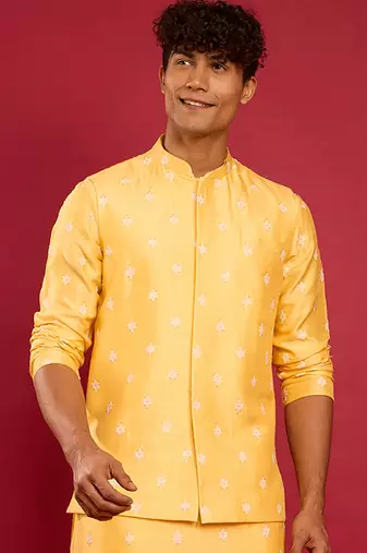 yellow silk blend nehru jacket | pure japan raw silk with all-over thread embroidery