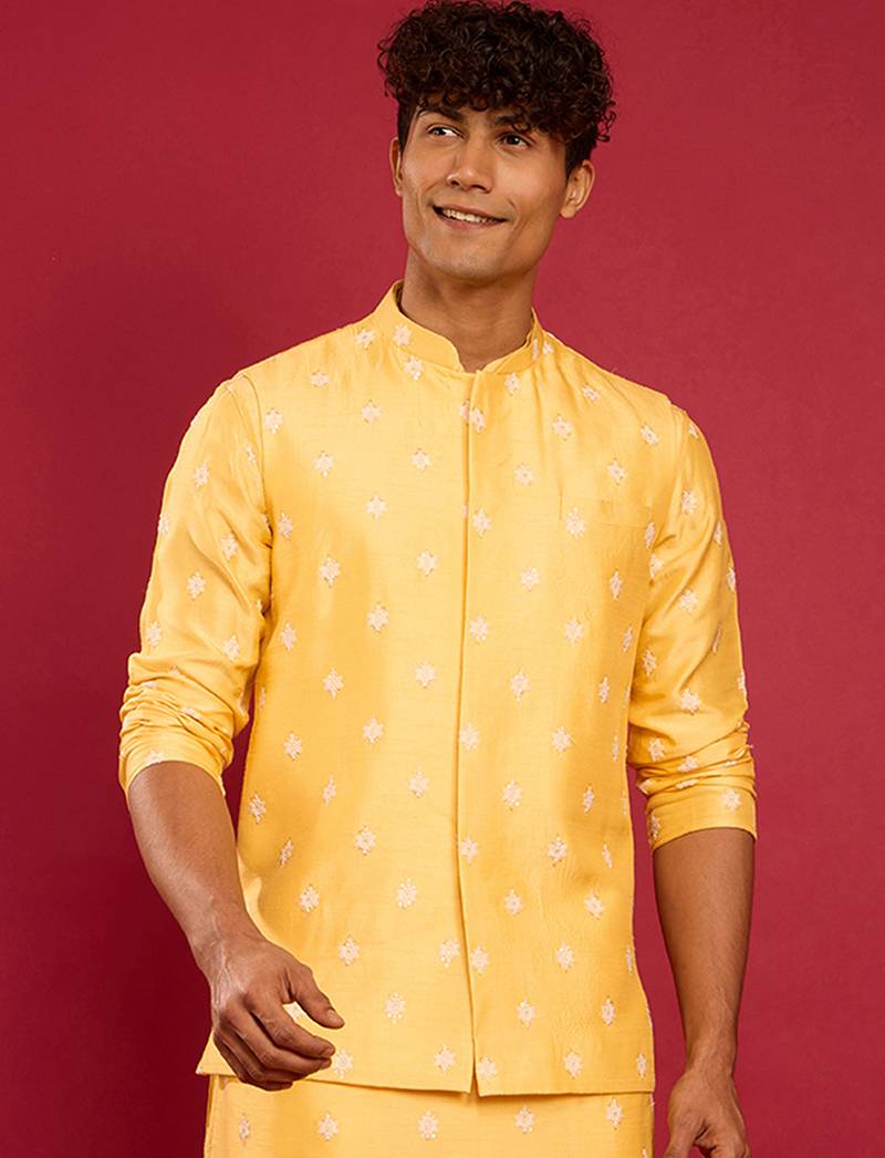 yellow silk blend nehru jacket | pure japan raw silk with all-over thread embroidery