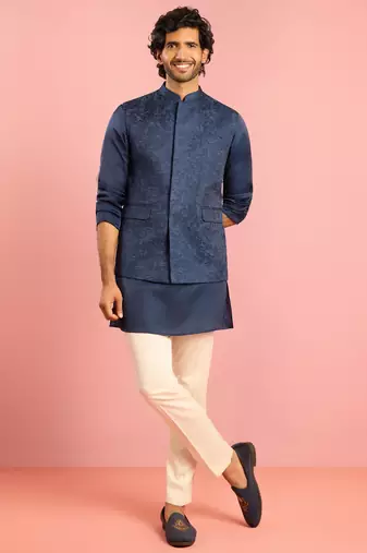 cream silk blend floral embroidered nehru jacket with kurta pyjama set | wedding festive wear