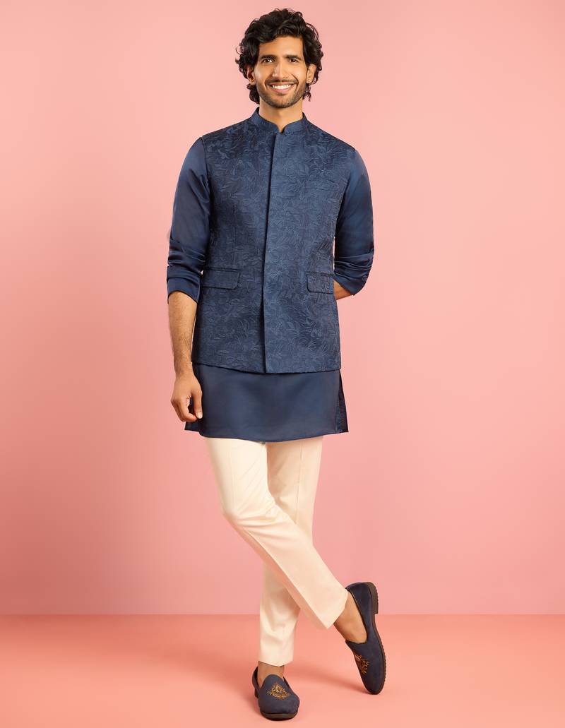 cream silk blend floral embroidered nehru jacket with kurta pyjama set | wedding festive wear