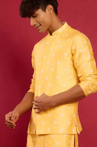 yellow silk blend nehru jacket | pure japan raw silk with all-over thread embroidery