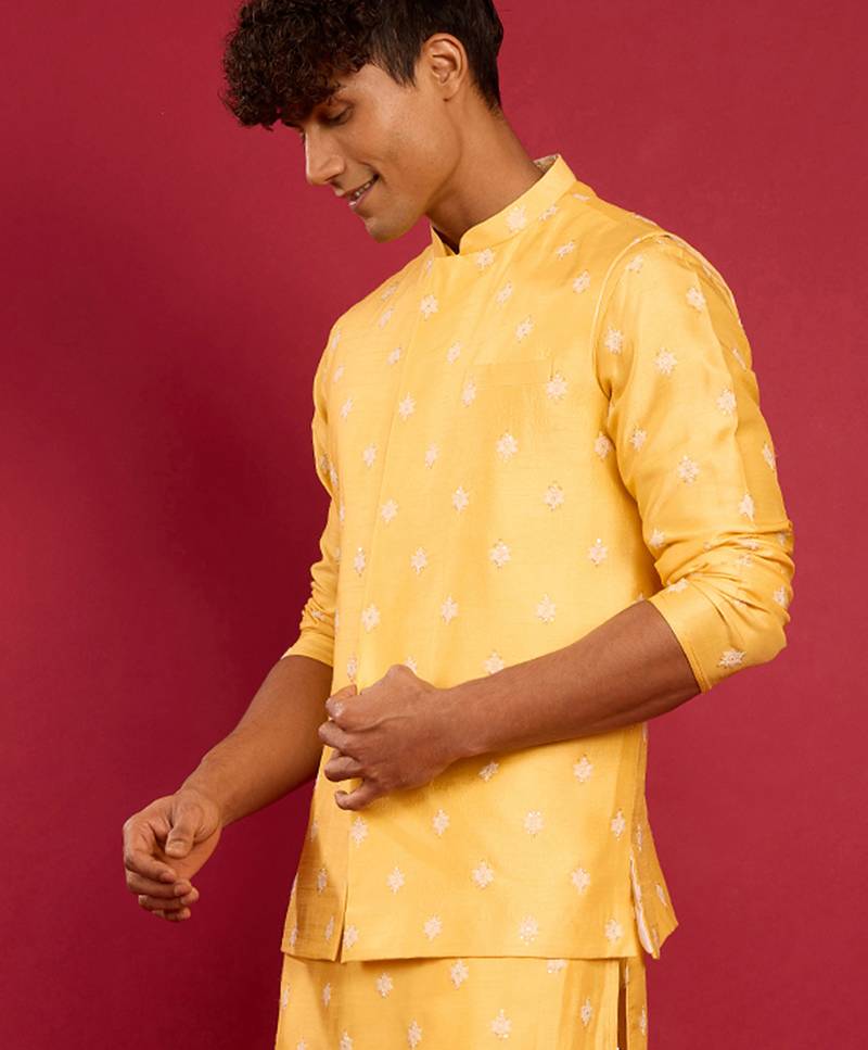 yellow silk blend nehru jacket | pure japan raw silk with all-over thread embroidery