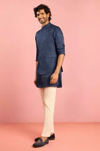 cream silk blend floral embroidered nehru jacket with kurta pyjama set | wedding festive wear