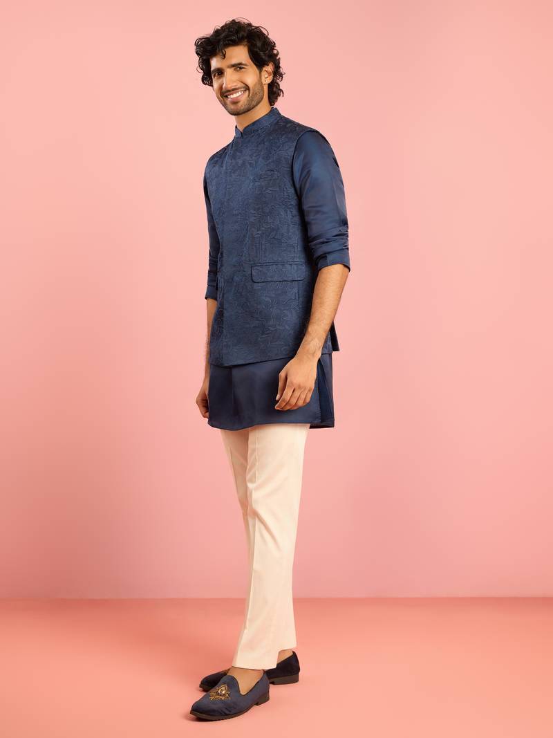 cream silk blend floral embroidered nehru jacket with kurta pyjama set | wedding festive wear