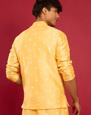 yellow silk blend nehru jacket | pure japan raw silk with all-over thread embroidery 5