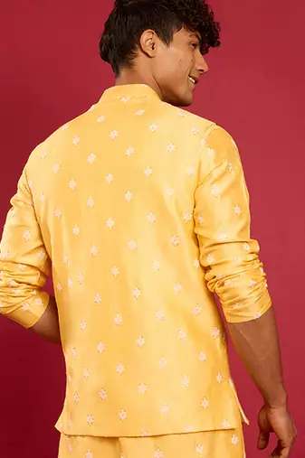 yellow silk blend nehru jacket | pure japan raw silk with all-over thread embroidery