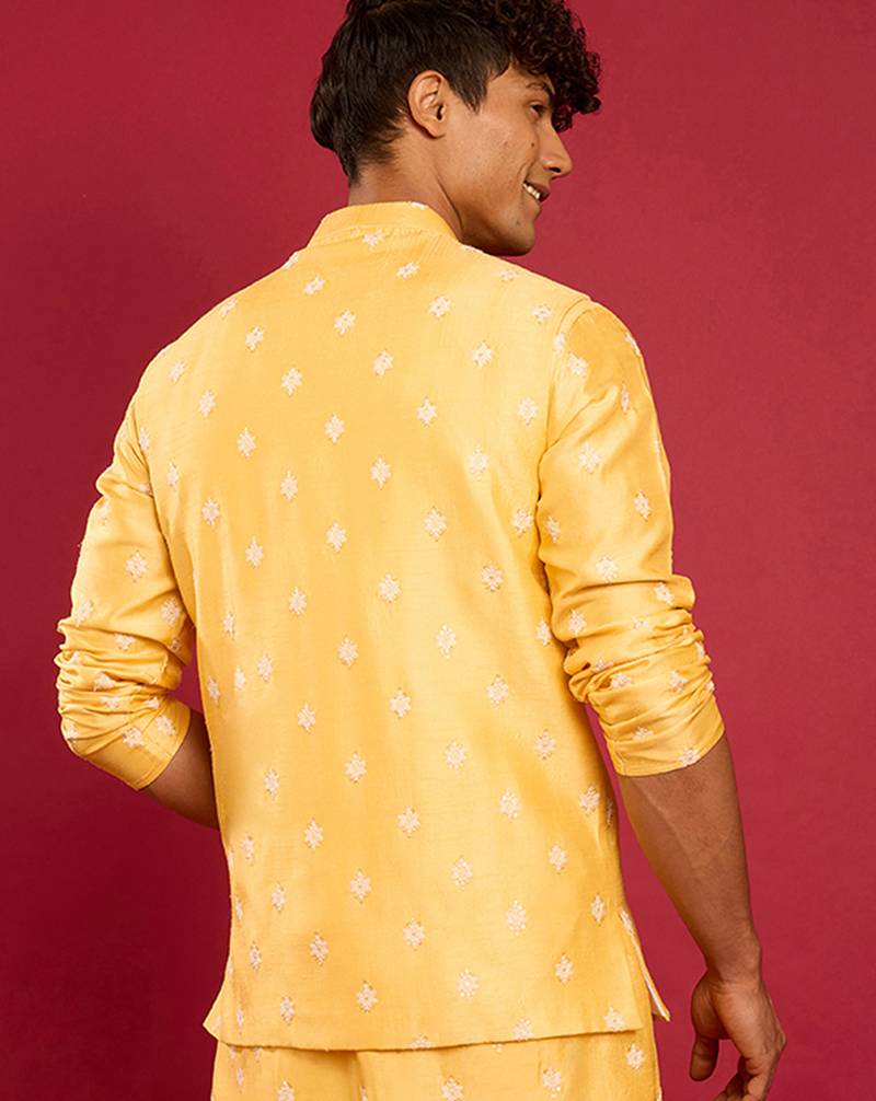 yellow silk blend nehru jacket | pure japan raw silk with all-over thread embroidery