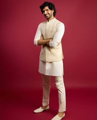 cream floral embroidered nehru jacket set with fine satin kurta & pant style pyjama | wedding formal wear 1
