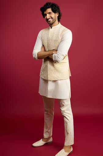 cream floral embroidered nehru jacket set with fine satin kurta & pant style pyjama | wedding formal wear