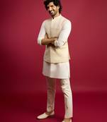 cream floral embroidered nehru jacket set with fine satin kurta & pant style pyjama | wedding formal wear