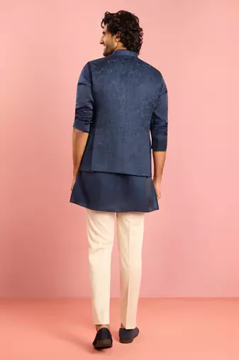 cream silk blend floral embroidered nehru jacket with kurta pyjama set | wedding festive wear