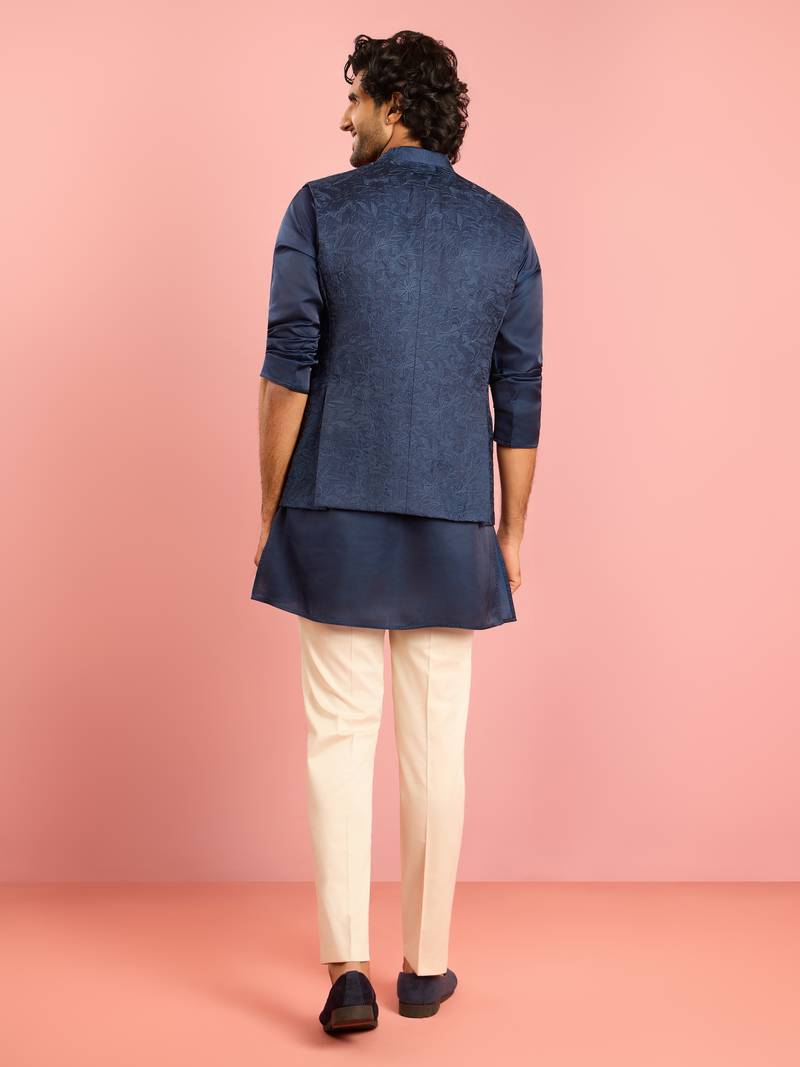 cream silk blend floral embroidered nehru jacket with kurta pyjama set | wedding festive wear