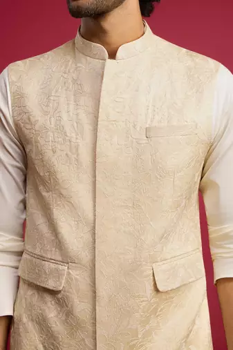 cream floral embroidered nehru jacket set with fine satin kurta & pant style pyjama | wedding formal wear