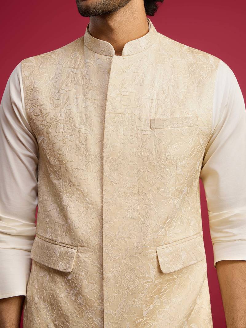 cream floral embroidered nehru jacket set with fine satin kurta & pant style pyjama | wedding formal wear
