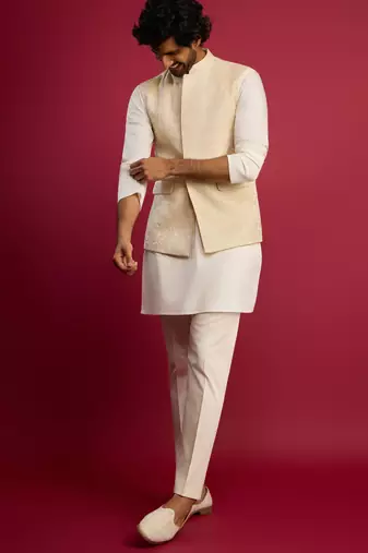 cream floral embroidered nehru jacket set with fine satin kurta & pant style pyjama | wedding formal wear