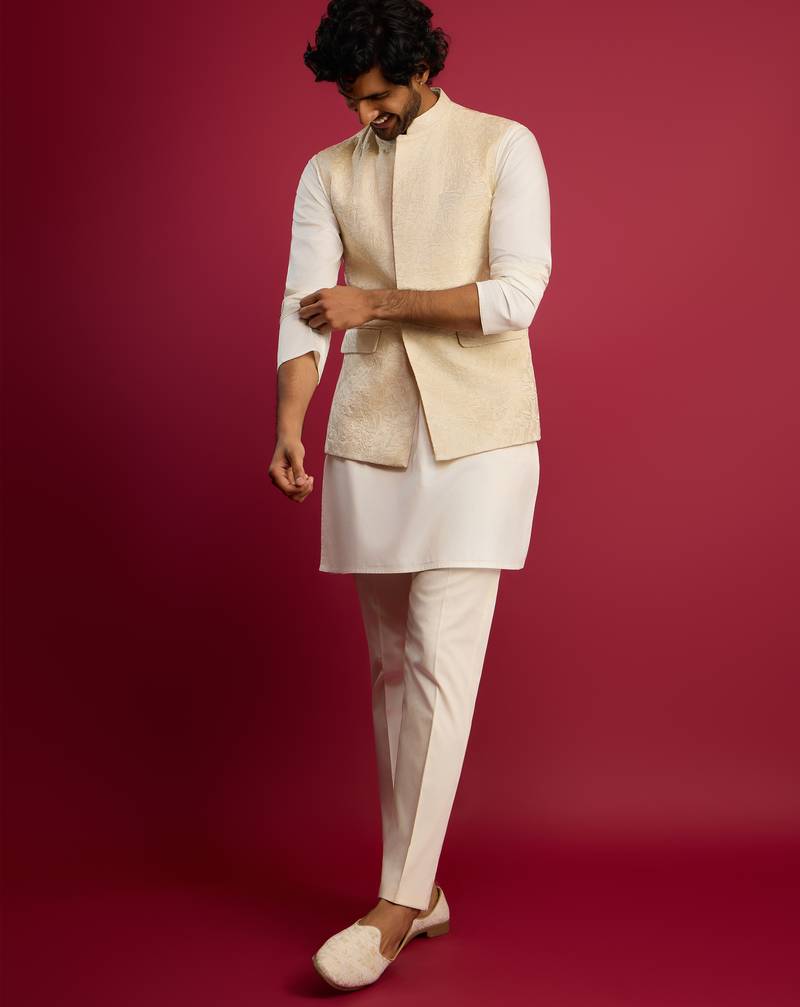 cream floral embroidered nehru jacket set with fine satin kurta & pant style pyjama | wedding formal wear