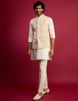 cream floral embroidered nehru jacket set with fine satin kurta & pant style pyjama | wedding formal wear 4