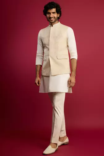 cream floral embroidered nehru jacket set with fine satin kurta & pant style pyjama | wedding formal wear
