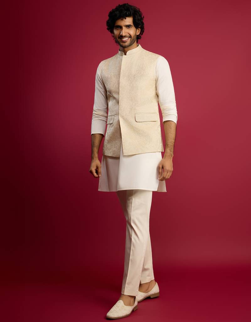 cream floral embroidered nehru jacket set with fine satin kurta & pant style pyjama | wedding formal wear