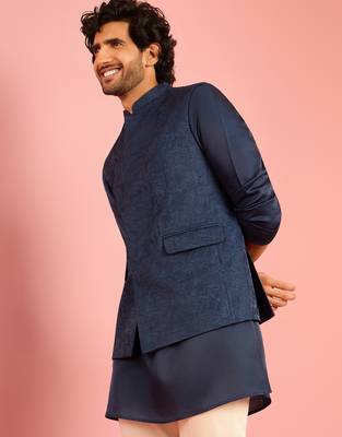 navy blue silk blend nehru jacket | floral thread embroidery all-over design 1