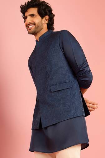navy blue silk blend nehru jacket | floral thread embroidery all-over design