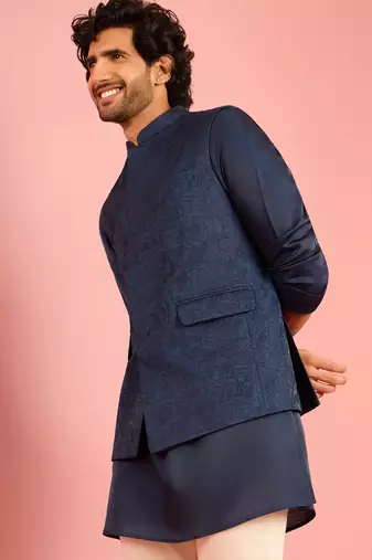 navy blue silk blend nehru jacket | floral thread embroidery all-over design