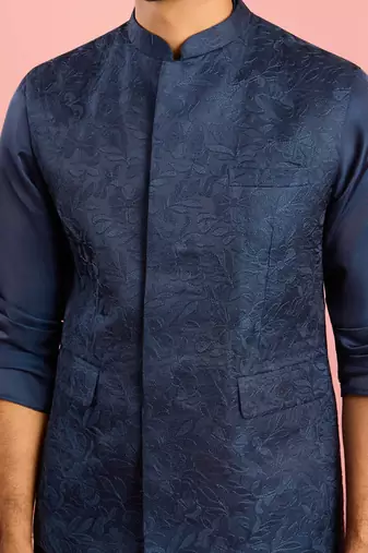 navy blue silk blend nehru jacket | floral thread embroidery all-over design