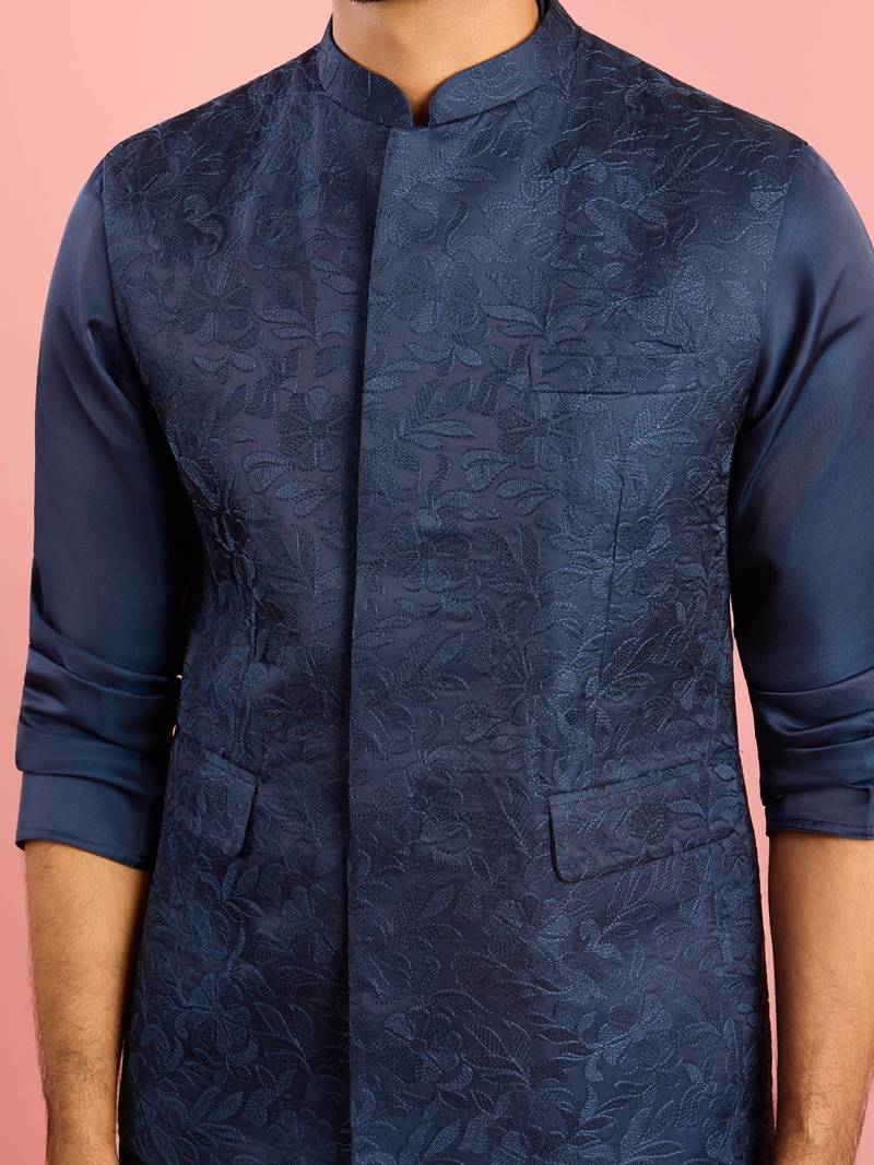 navy blue silk blend nehru jacket | floral thread embroidery all-over design