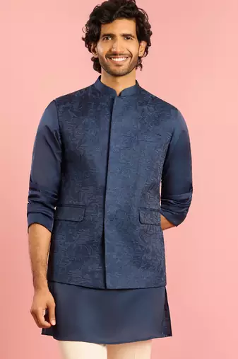 navy blue silk blend nehru jacket | floral thread embroidery all-over design