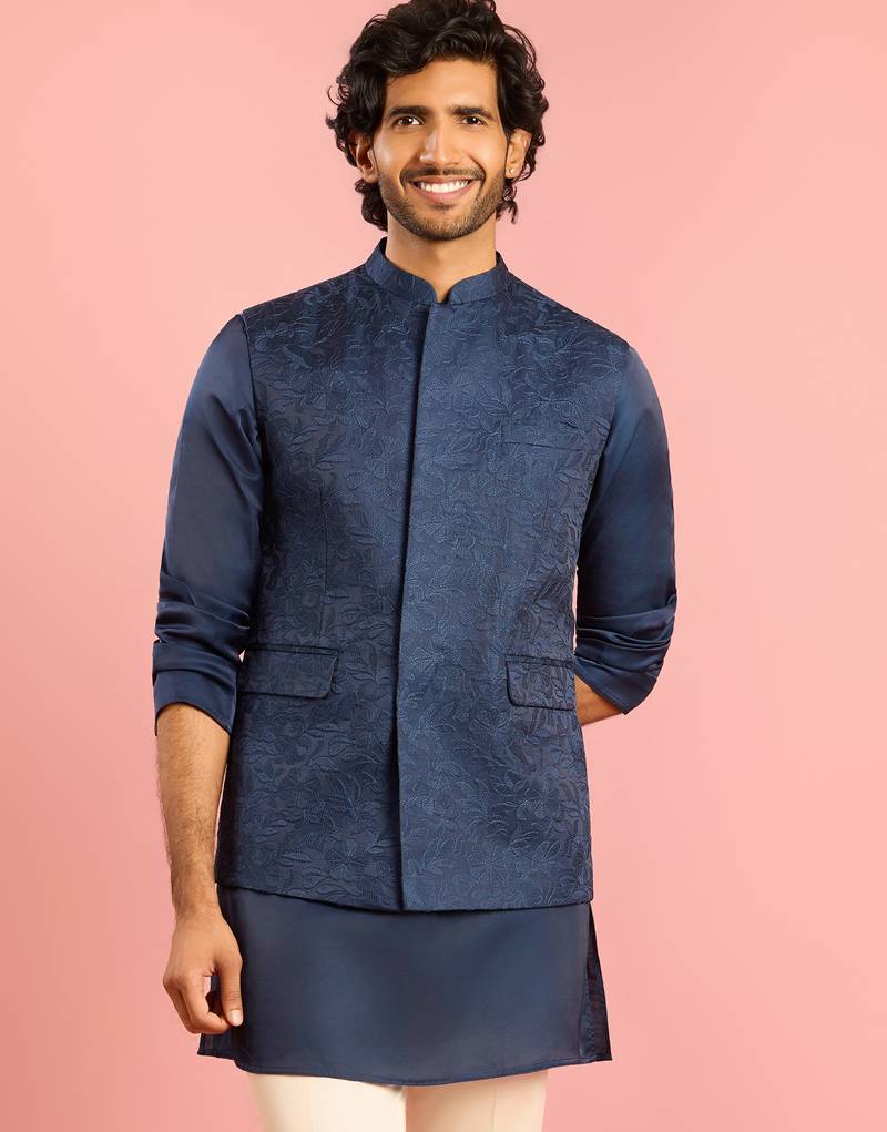 navy blue silk blend nehru jacket | floral thread embroidery all-over design